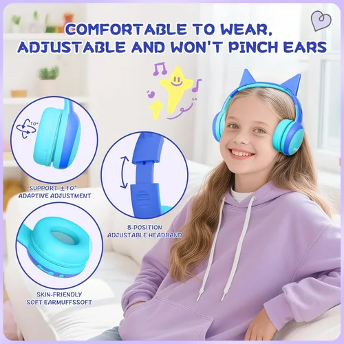 Miniatura 3 de Auriculares Bluetooth para Niños, Auriculares Over-Ear para Niños Pequeños con Micrófono, Volumen Limitado 85dB/94dB, 68H de Reproducción, Bluetooth