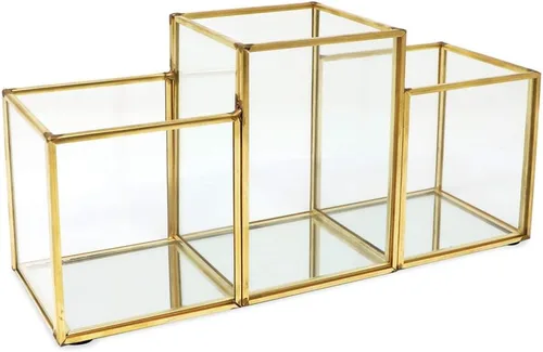 Isaac Jacobs Soporte para brochas de maquillaje de 3 compartimentos, organizador de latón y vidrio de estilo vintage, (9.3 pulgadas de largo x 3.1