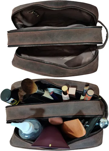Miniatura 4 de Estuche hecho a mano de piel de búfalo auténtico. Neceser para juego de rasurar y cuidado personal para viaje ~ Regalo para hombres y mujeres., Café