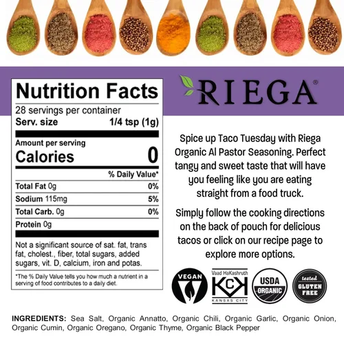 Miniatura 2 de Riega Street Taco Seasoning, mezcla de especias mexicanas orgánicas para cocinar comidas auténticas, Al Pastor, paquetes de 1 oz, 8