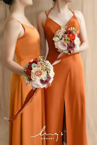 Miniatura 2 de Ling's moment Flores Artificiales Ramo de Damas de Honor Naranja Quemado Juego de 4, Ramos de Flores de Boda para Damas de Honor, Ramos Nupciales