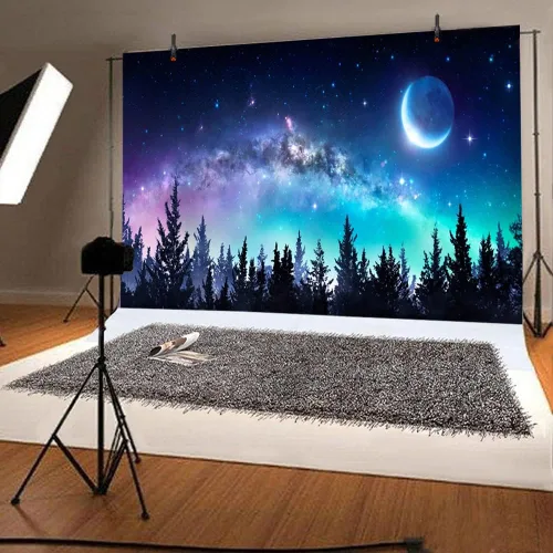 Miniatura 4 de AOFOTO Telón de fondo de bosque de cielo nocturno de 5 x 3 pies, universo, nebulosa, galaxia, cielo estrellado, fondo para fotos, luces coloridas