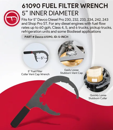 Miniatura 2 de sixcow Llave de filtro de combustible diésel 61090 de 5 pulgadas para Davco Diesel Pro 230, 232, 233, 234, 242, 243, Shop Pro ST, Clase 4 5 6