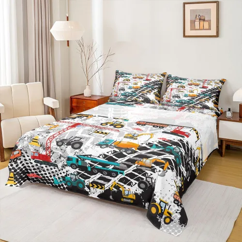 Miniatura 8 de Erosebridal Juego de sábanas de automóvil de dibujos animados para niños, juego de ropa de cama de camiones, tamaño individual, sábana bajera