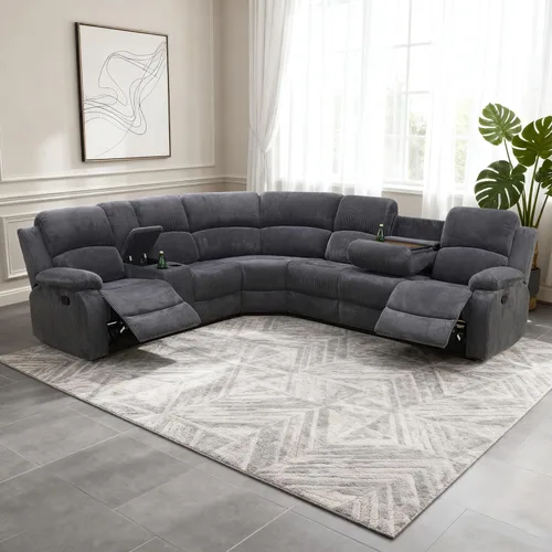 Miniatura 39 de Juego de sofá modular reclinable manual para sala de estar, sofá reclinable en forma de L, seccional de cuero con portavasos/almacenamiento