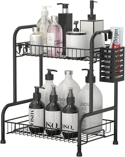 Organizador de encimera de baño con cesta de artículos de tocador, estante de almacenamiento de encimera de baño de 2 niveles con almohadilla