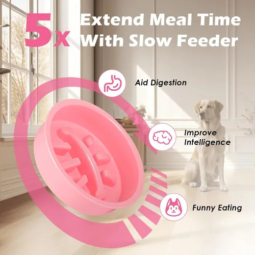 Miniatura 5 de SHAINFUN Soporte elevado para cuenco de perro rosa con dos cuencos de comida de acero inoxidable de 1700ml, comedero de alimentación lenta y Rosa