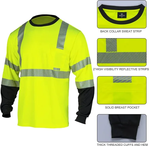 Miniatura 4 de VENDACE Camisetas reflectantes de seguridad de manga larga de alta visibilidad para hombre, ANSI Clase 3, alta visibilidad, camisetas de trabajo