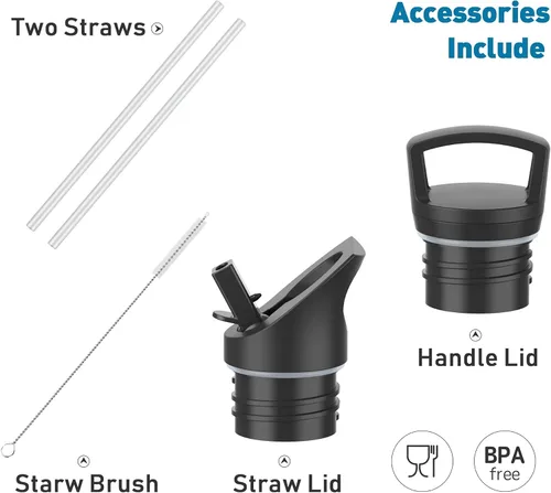 Miniatura 5 de Botellas de agua de doble pared de acero inoxidable, botella aislada al vacío con tapa con popote, botella de agua aislada mantiene el agua fría