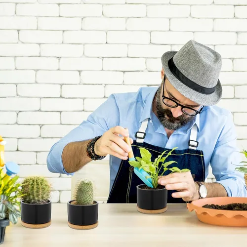 Miniatura 6 de Cindeer 12 juegos de macetas de cerámica para suculentas, macetas de cactus con bandeja de bambú, maceta cilíndrica pequeña con platillos de bambú