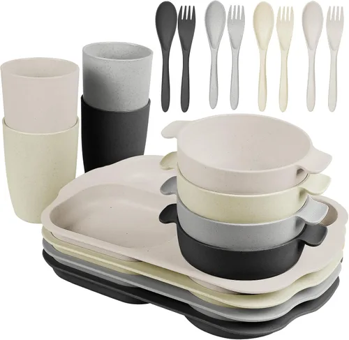 Miniatura 8 de shopwithgreen Juego de cubiertos de paja de trigo, 20 piezas de platos y cuencos divididos para niños pequeños, vajilla irrompible para microondas