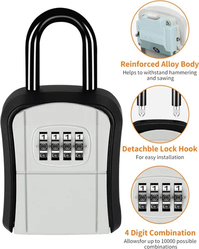 Miniatura 4 de Caja de bloqueo portátil para llaves, caja de seguridad segura para interiores, exteriores, garaje, jardín, tienda (1, gris)