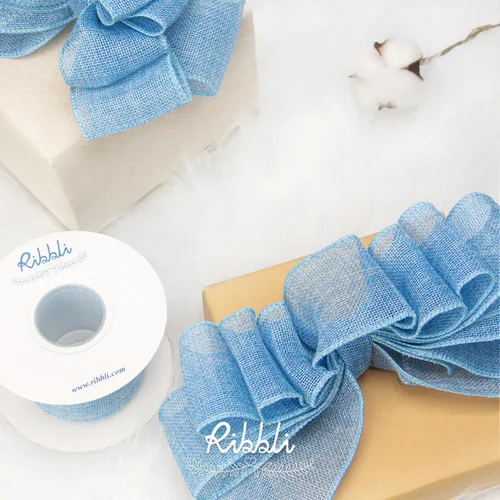 Miniatura 2 de Ribbli Cinta con alambre de arpillera azul bebé, 2-1/2 pulgadas x 10 yardas continuas, cinta de borde con alambre para lazo grande, corona