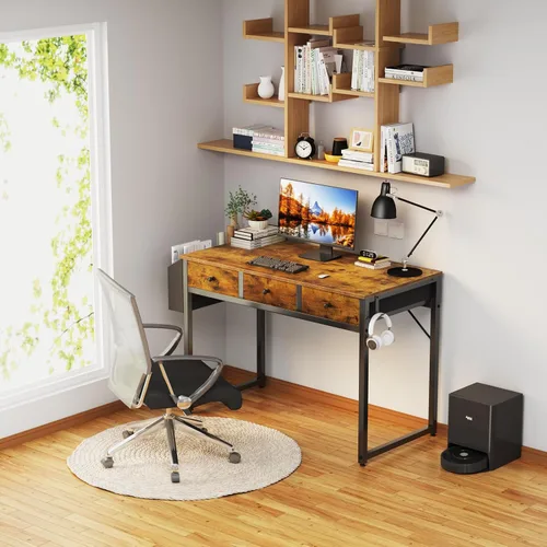Miniatura 2 de Lufeiya - Escritorio con cajones para dormitorio, oficina en casa, con 3 cajones de almacenamiento de tela y bolsillo, mesa de estudio para Marrón