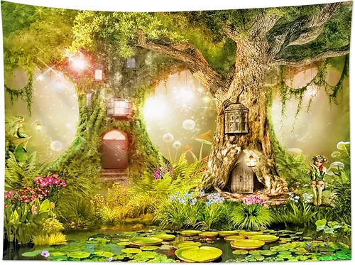 Miniatura 25 de HVEST Tapiz de bosque de cuento de hadas para colgar en la pared, estanque de lirios de agua, árboles mágicos, casas en el país de los sueños, tapiz