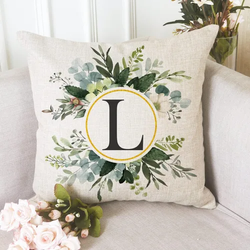 Miniatura 6 de Snycler Fundas de almohada con monograma de letra L, floral, 18 x 18 pulgadas, almohadas de primavera verdes, fundas decorativas de verano, Estilo L