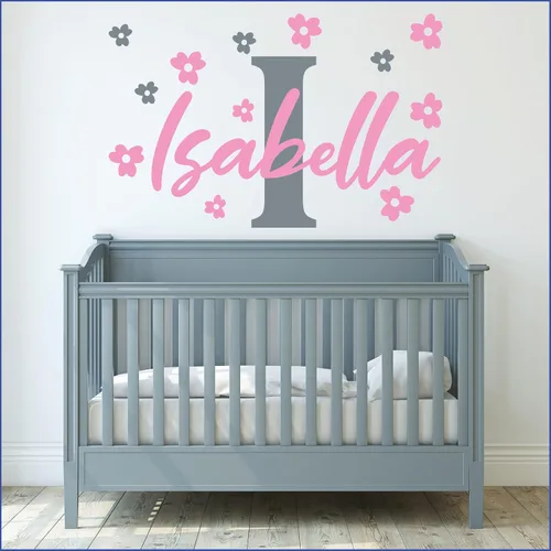 Miniatura 20 de Calcomanías de pared personalizadas con nombre de bebé en un bonito marco con ramas y hojas, calcomanías para paredes con nombre personalizado