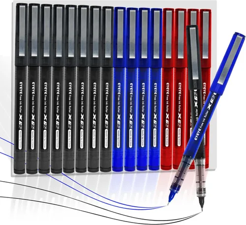 EYEYE Bolígrafos de tinta líquida de 3 colores, 16 paquetes (8 negros, 4 azules y 4 rojos), bolígrafo de gel de secado rápido, punta de aguja fina