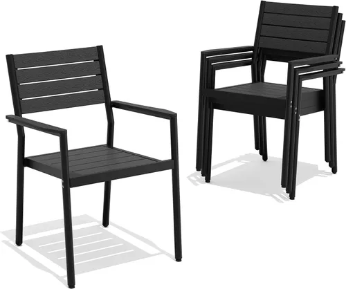Miniatura 25 de Pellebant Juego de 2 sillas de comedor apilables para exteriores, sillas de patio de aluminio con brazos, para todo tipo de clima, para jardín, Negro