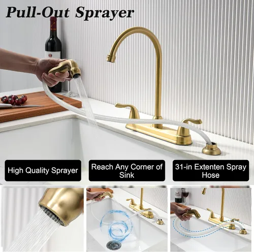 Miniatura 5 de Grifo de cocina dorado de 2 manijas con rociador lateral, 8 pulgadas de arco alto giratorio de 360°, grifo de fregadero central de 3 o 4 agujeros