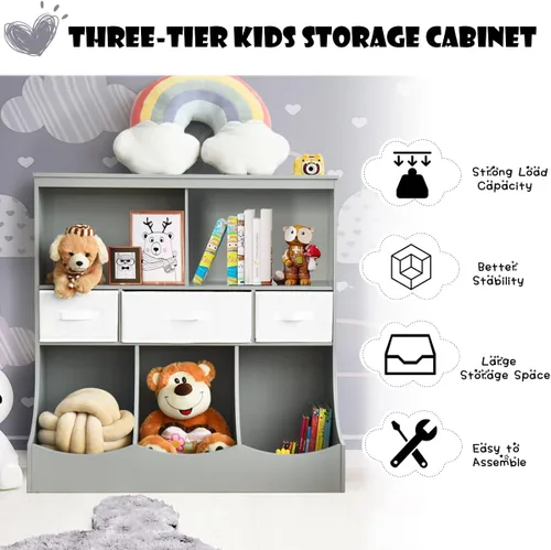 Miniatura 7 de HONEY JOY Organizador de almacenamiento de juguetes para niños con estantería, armario de almacenamiento de organización de 8 compartimentos con Gris