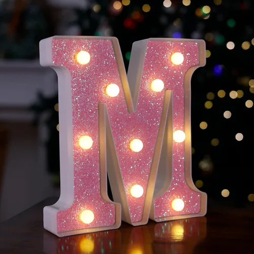 Miniatura 22 de Letras con luces LED, letras de marquesina con brillantina rosa, letras del alfabeto, letreros iluminados por pilas, para decoración de fiestas