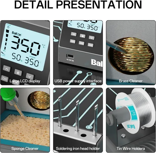 Miniatura 5 de BK601Pro 120W Kit de estación de soldador de precisión con 3 canales de memoria, 1 punta de soldador C210, control de temperatura (302 °F a 896 °F)