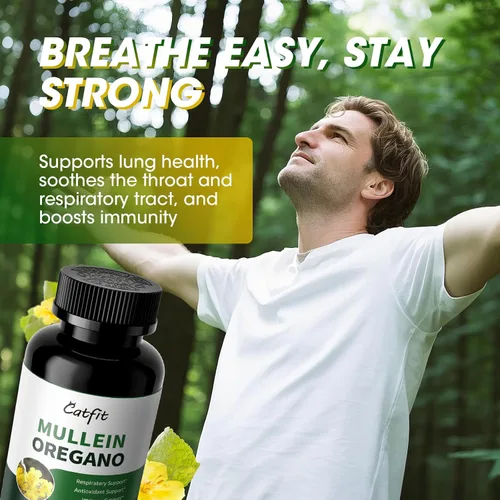 Miniatura 2 de Mullein Cápsulas de aceite de orégano para pulmones desintoxicante 7 en 1 puro extracto de hoja de gordolobo, saúco, cúrcuma, menta para apoyo
