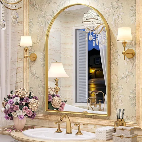 Brightify - Espejo arqueado dorado de 24 x 32 pulgadas, espejo de pared con marco de metal de latón para baño, espejo arqueado superior para tocador