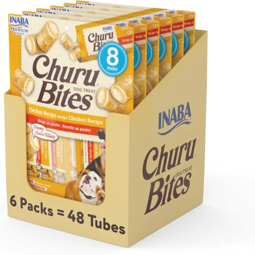 INABA Churu - Bocadillos para perros, golosinas suaves y masticables para perros, 0.42 onzas cada tubo, 48 tubos en total (8 tubos por paquete),