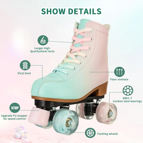 Miniatura 3 de Patines para mujer, de piel sintética, patines brillantes ajustables, patines de 4 ruedas, de doble línea para chica.