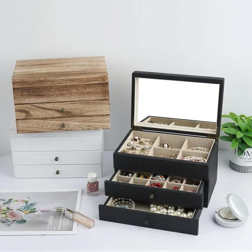 Miniatura 2 de Meangood Caja Organizadora de Joyería para Mujeres, Estuche de Almacenamiento de Joyería de 3 Capas Grande, Caja de Joyería de Madera Rústica