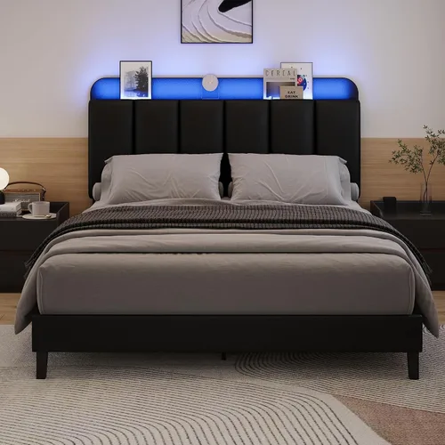 Miniatura 12 de BarnFurin Base de cama individual con luces LED, plataforma tapizada con cabecera de almacenamiento, marco de cama individual, sin ruido,