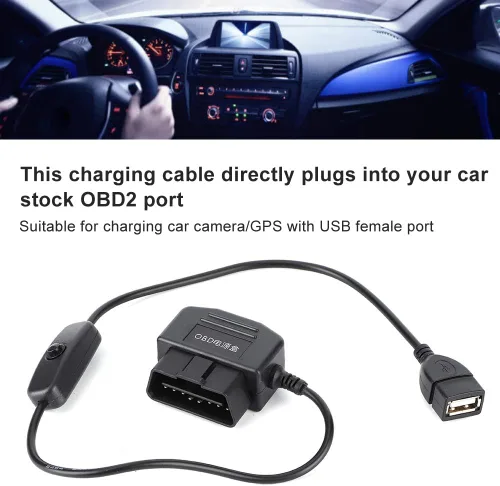 Miniatura 2 de Ejoyous Cable de alimentación OBD2, cable de alimentación USB Cable de carga 16Pin OBD2 Conector universal para coche GPS DVR Cámara