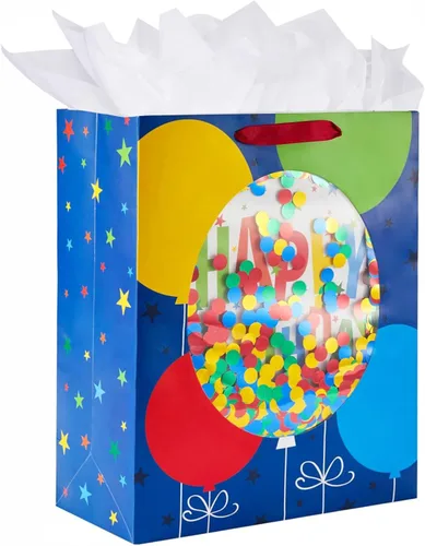 SUNCOLOR Bolsa de regalo extragrande con ventana de confeti, papel azul, 15.7 x 12.6 x 5.7 pulgadas, diseño de globos de cumpleaños, incluye papel