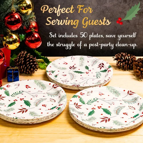 Miniatura 7 de MATICAN Platos de papel para fiesta, paquete de 50 platos de papel desechables, suministros de fiesta de Navidad, diseño de acebo de Navidad, platos
