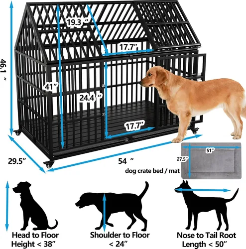 Miniatura 2 de Jaula resistente para perros de 54 pulgadas, jaula para perros gigantes extra grandes con 2 puertas, ruedas con bloqueo, bandejas extraíbles, acceso