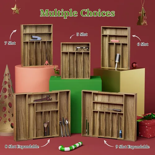 Miniatura 7 de Kiasthome Organizador de Cajón de Cubiertos de Madera de Acacia, Organizador de Cajón de Utensilios de Cocina con Divisores Ranurados, Organizador