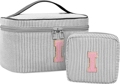 Miniatura 63 de Juego de bolsas de maquillaje con iniciales para niñas y mujeres, bolsa de cosméticos con monograma con soporte para cepillos, estuche de maquillaje