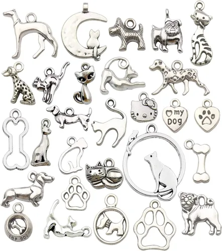 Suministros de manualidades de 3.53 oz (80 unidades) de plata antigua, animales, gatos, perros, mascotas, colgantes para manualidades, accesorios