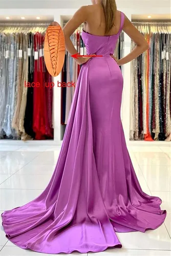 Miniatura 2 de Vestidos largos de dama de honor de un hombro para mujer, vestido formal de satén con abertura