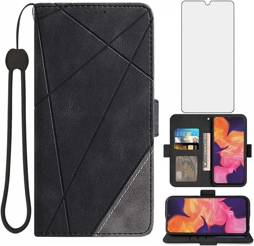Asuwish Compatible con Samsung Galaxy A10 - Funda tipo cartera y protector de pantalla de vidrio templado, soporte de cuero con tapa para tarjetero,