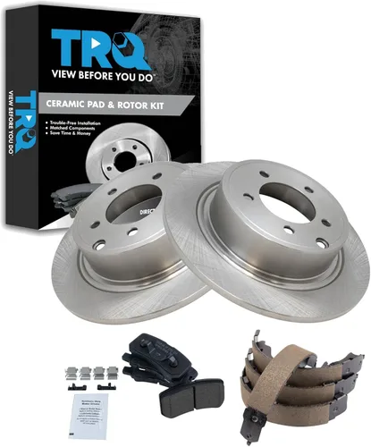Miniatura 150 de TRQ Kit de pastillas de freno y rotor Posi trasero premium con zapatas de estacionamiento para camión GM SUV
