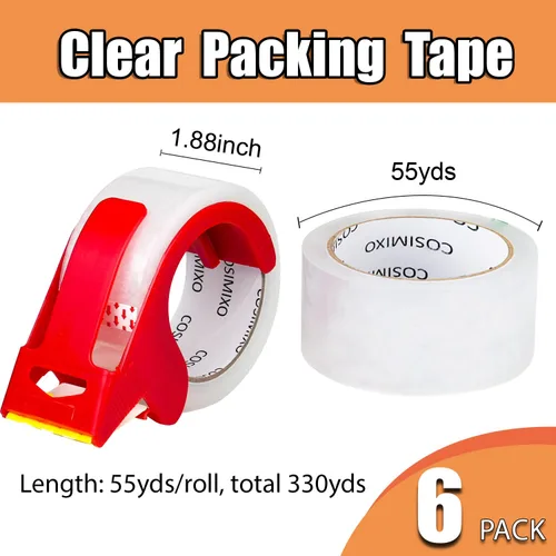 Miniatura 2 de COSIMIXO Cinta de embalaje transparente resistente de 2.5 mil x 1.88 pulgadas x 55 yardas, 6 rollos con dispensador, cinta de embalaje transparente