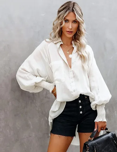 Miniatura 2 de Chigant Camisas con botones de manga larga tipo farol, blusas de gran tamaño, camisas casuales para la oficina