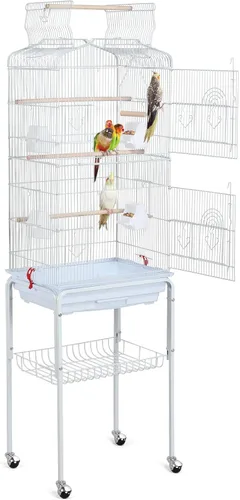 Miniatura 10 de Yaheetech Jaula para pájaros de 64 pulgadas, jaula para periquitos con bandeja deslizante, comederos, soporte enrollable desmontable, jaulas
