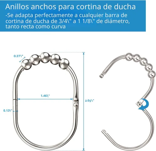 Miniatura 4 de MENGJINGO 12 anillos anchos para cortina de ducha, acero inoxidable a prueba de óxido, anillos de ganchos de ducha resistentes para barras de ducha