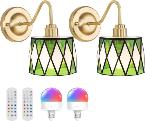 Shenmoyl Juego de 2 apliques de pared vintage que funcionan con batería, lámpara de pared recargable de 5000mAh, 12 colores RGB regulables,