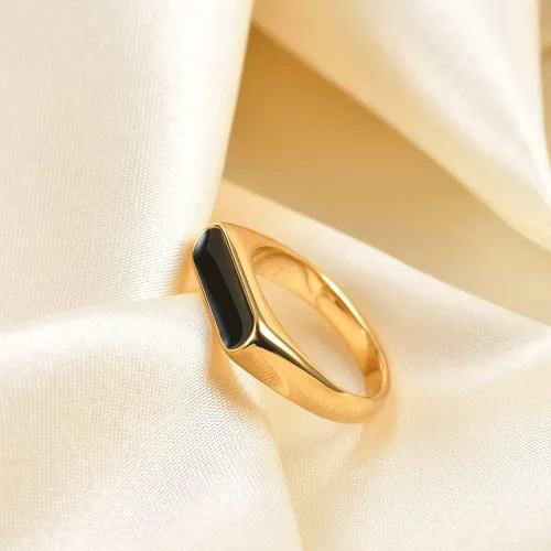 Miniatura 3 de VQYSKO Anillo de acero inoxidable con sello de 0.236 pulgadas, chapado en oro de 14 quilates, a la moda, lindo anillo apilable de compromiso