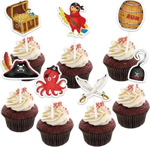 Miniatura 2 de WERNNSAI 49 adornos para cupcakes piratas, decoraciones de fiesta de cumpleaños pirata, decoración de loro pirata, decoración para tartas del día